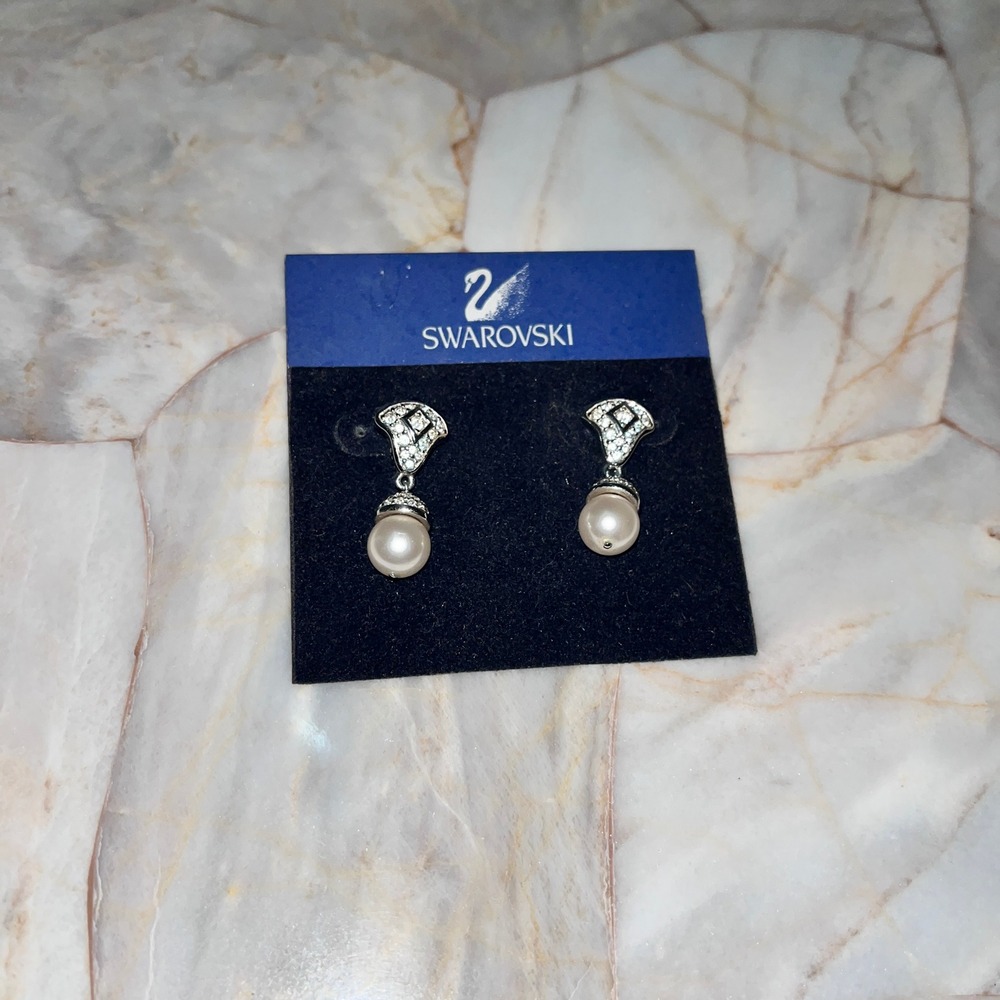Swarovski Crystal Pearl Drop Earrings Silver Tone Fan Dangle Bridal Formal